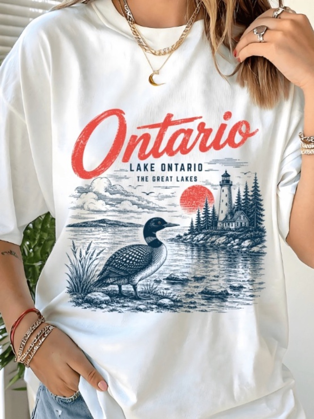 White Ontario Lake Graphic Tee with Red Script